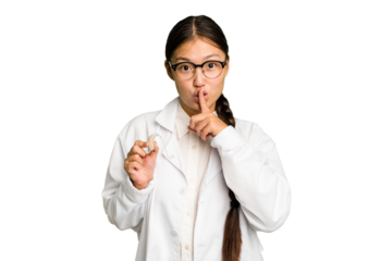 Young asian otorhinolaryngologist woman holding a hearing aid isolated keeping a secret or asking for silence.