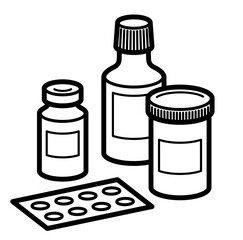 Medicine pharmacy theme medical bottles 3d vector illustration isolated, medicaments and drugs, health care meds cartoon, vitamins or antibiotics, simple linear design.