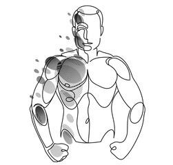 Linear drawing of a perfect body fit model man posing vector illustration isolated, muscular macho sexy guy with naked torso topless.