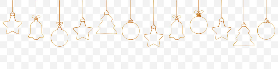 Christmas ball golden line icon.Set of simple golden christmas balls isolated on transparent background. Christmas decoration.Christmas and New Year seamless banner or border.Golden angel - obrazy, fototapety, plakaty