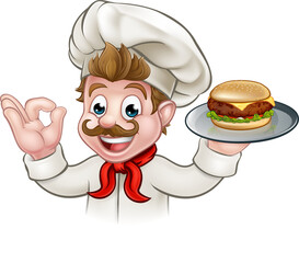 Cartoon Character Chef Holding Burger