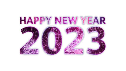 Isolated "Happy New Year 2023" sign shaped by bright colorful neon glowing purple blue pink fireworks. 3D illustration concept for festive New Year's Eve party lettering. Overlay and alpha cutout mask