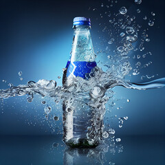 Transparent realistic bottle with water splash on blue background. Refreshing drink.
