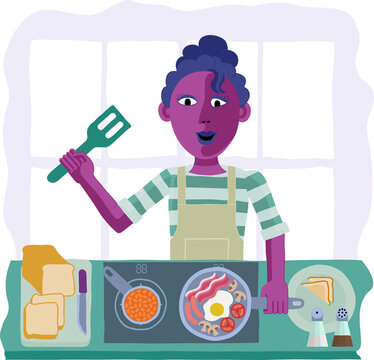 recommend clip art: Woman Cooking Food Fried English Breakfast Kitchen
