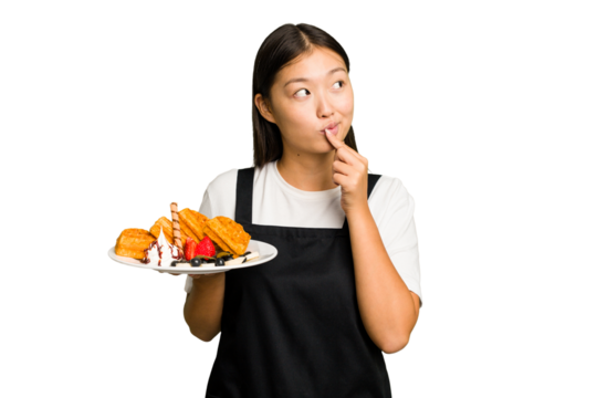 Young asian waitress woman holding waffles isolated looking sideways with doubtful and skeptical expression. - Powered by Adobe