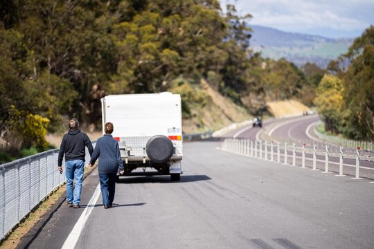 Retired Couple Caravaning And Camping In Holidays In Outback Australia