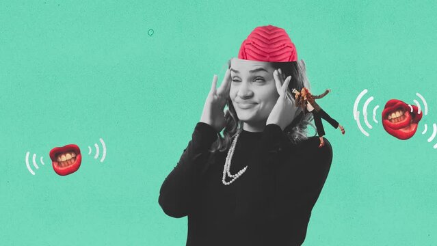 2D stop motion animation with young annoyed girl and female shouting mouths around her head. Concept of social issues, propaganda, mental health. Surrealism