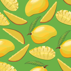 Seamless pattern of ripe mango,whole,pieces on a green background.Vector fruit pattern for textiles, juice packs, postcards.