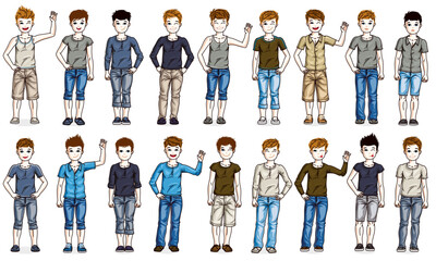 Cute little child boys early teenagers in different casual wear standing in full length and posing vector illustrations isolated big set, happy beautiful kids drawings collection, people diversity.