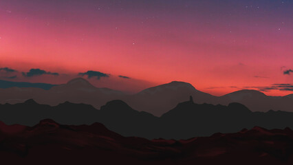 Obraz premium sunset evening time mountains scene horizon view digital art ,type painting ,3d illustration , high definition , wallpaper