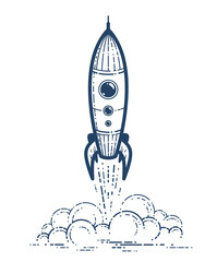 Rocket launch vector simple linear icon, missile start up business line art symbol, space technology and science, science fiction literature sign.