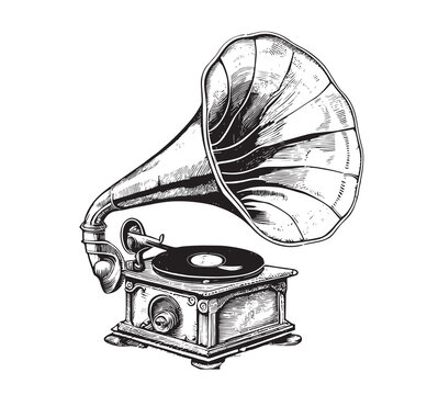 Gramophone Vintage Dessiné À La Main Sketch Musique Illustration