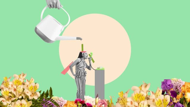 Brainwashing. Ideas, imagination, art, surrealism. Young girl talking on phone. Concept of social issues, propaganda, mental health. 2D stop motion animation