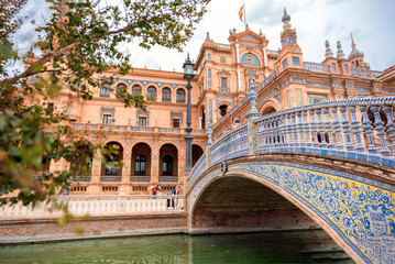 Colorful tiles at the bridge of the Plaza Espana in Sevilla, Spain