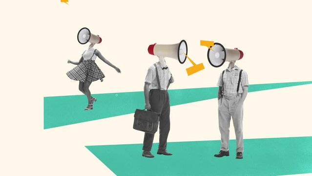 Contemporary art collage. Ideas, imagination, art, surrealism. Group of people with megaphones instead their heads. Concept of social issues, propaganda, mental health