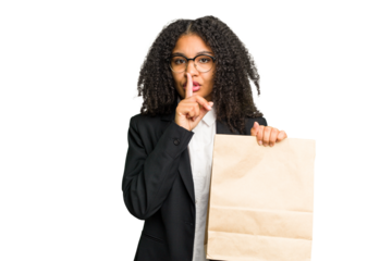Young african american business woman holding a take away bag isolated keeping a secret or asking for silence.