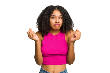 Young african american woman isolated showing that she has no money.