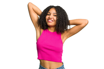 Young african american woman isolated stretching arms, relaxed position.