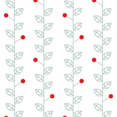 Seamless pattern with linear simple leaf brances, berries. Can use for wrapping, wall paper, package backgroung, card