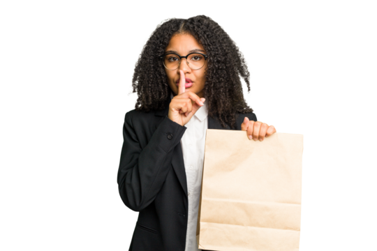 Young african american business woman holding a take away bag isolated keeping a secret or asking for silence.