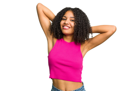 Young african american woman isolated stretching arms, relaxed position.