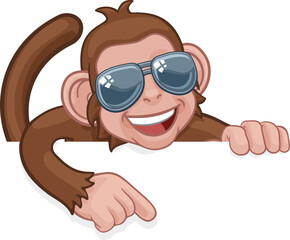 Monkey Sunglasses Cartoon Animal Pointing At Sign