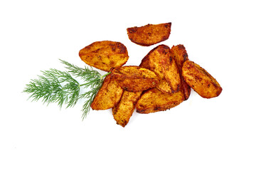 Baked potato wedges, fried potatoes, isolated on white background.