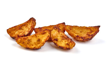 Baked potato wedges, fried potatoes, isolated on white background.