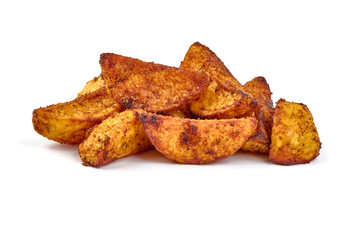 Baked potato wedges, fried potatoes, isolated on white background.