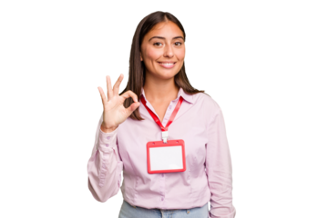 Young caucasian woman with a badge isolated cheerful and confident showing ok gesture.