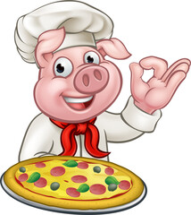 Pig Cartoon Pizza Chef Character