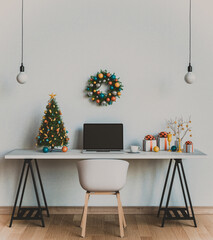 chrismas tree and gift and laptop on table  in  work room. 3D render