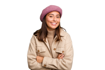 Young caucasian woman wearing winter jacket isolated laughing and having fun.