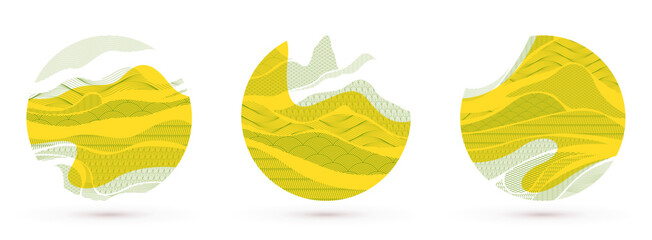 Oriental Japanese style vector abstract illustrations set in yellow color in a shape of circle, backgrounds in Asian traditional style, wavy shapes and mountains terrain, runny like sea lines.