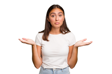 Young cute caucasian woman isolated doubting and shrugging shoulders in questioning gesture.