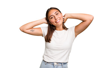 Young cute caucasian woman isolated stretching arms, relaxed position.