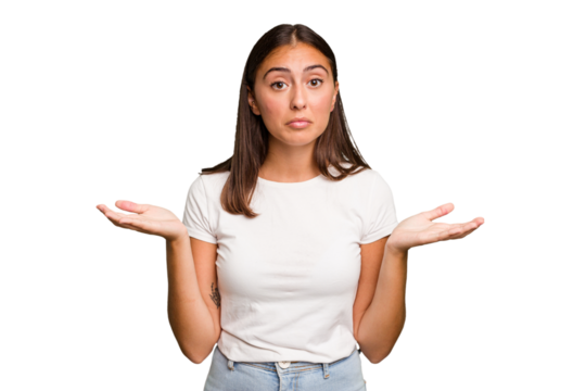 Young cute caucasian woman isolated doubting and shrugging shoulders in questioning gesture.