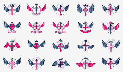Crosses secrets emblems vector emblems big set, Christian religion heraldic design elements collection, classic style heraldry symbols, antique designs.
