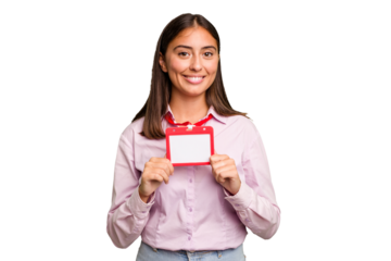 Young caucasian woman with a badge isolated