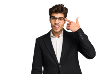 Young caucasian business man isolated showing a disappointment gesture with forefinger.