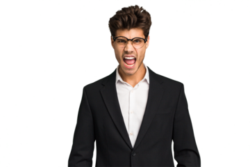 Young caucasian business man isolated screaming very angry and aggressive.