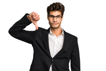 Young caucasian business man isolated showing a dislike gesture, thumbs down. Disagreement concept.