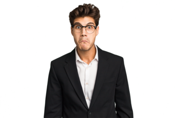 Young caucasian business man isolated shrugs shoulders and open eyes confused.