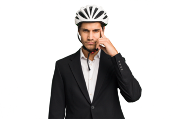 Business Caucasian man wearing a bike helmet isolated pointing temple with finger, thinking, focused on a task.
