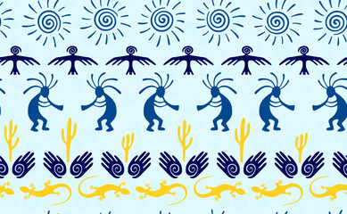 Kokopelli with flute, pangolin, hawk, sun symbol, hands and plant tribal vector seamless pattern.