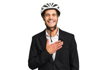 Business Caucasian man wearing a bike helmet isolated laughs out loudly keeping hand on chest.