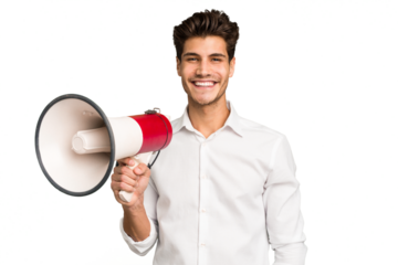 Young caucasian man holding megaphone isolated happy, smiling and cheerful.