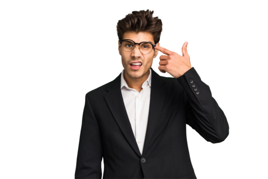 Young caucasian business man isolated showing a disappointment gesture with forefinger.