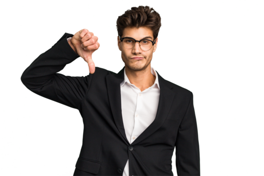 Young caucasian business man isolated showing a dislike gesture, thumbs down. Disagreement concept.