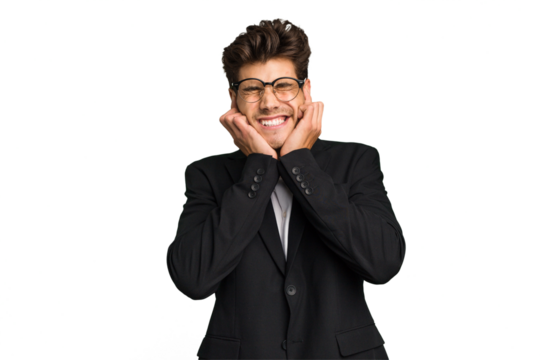 Young caucasian business man isolated covering ears with hands.